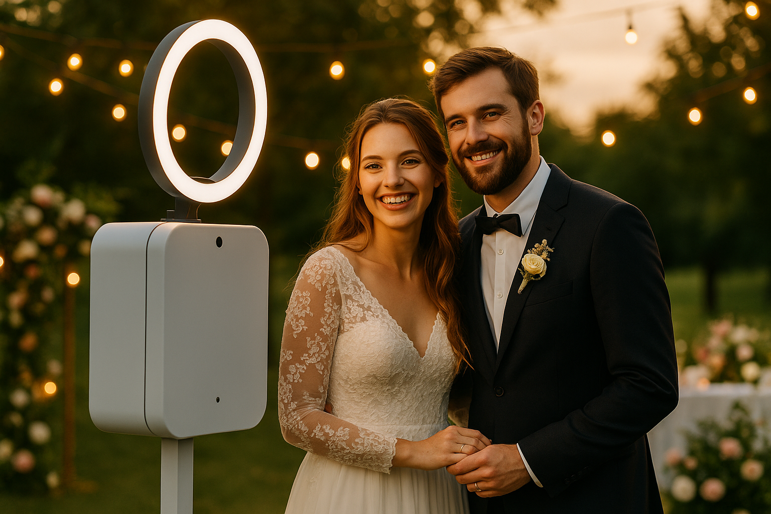 Location photobooth mariage en Belgique – couple de jeunes mariés souriant devant une borne photo élégante